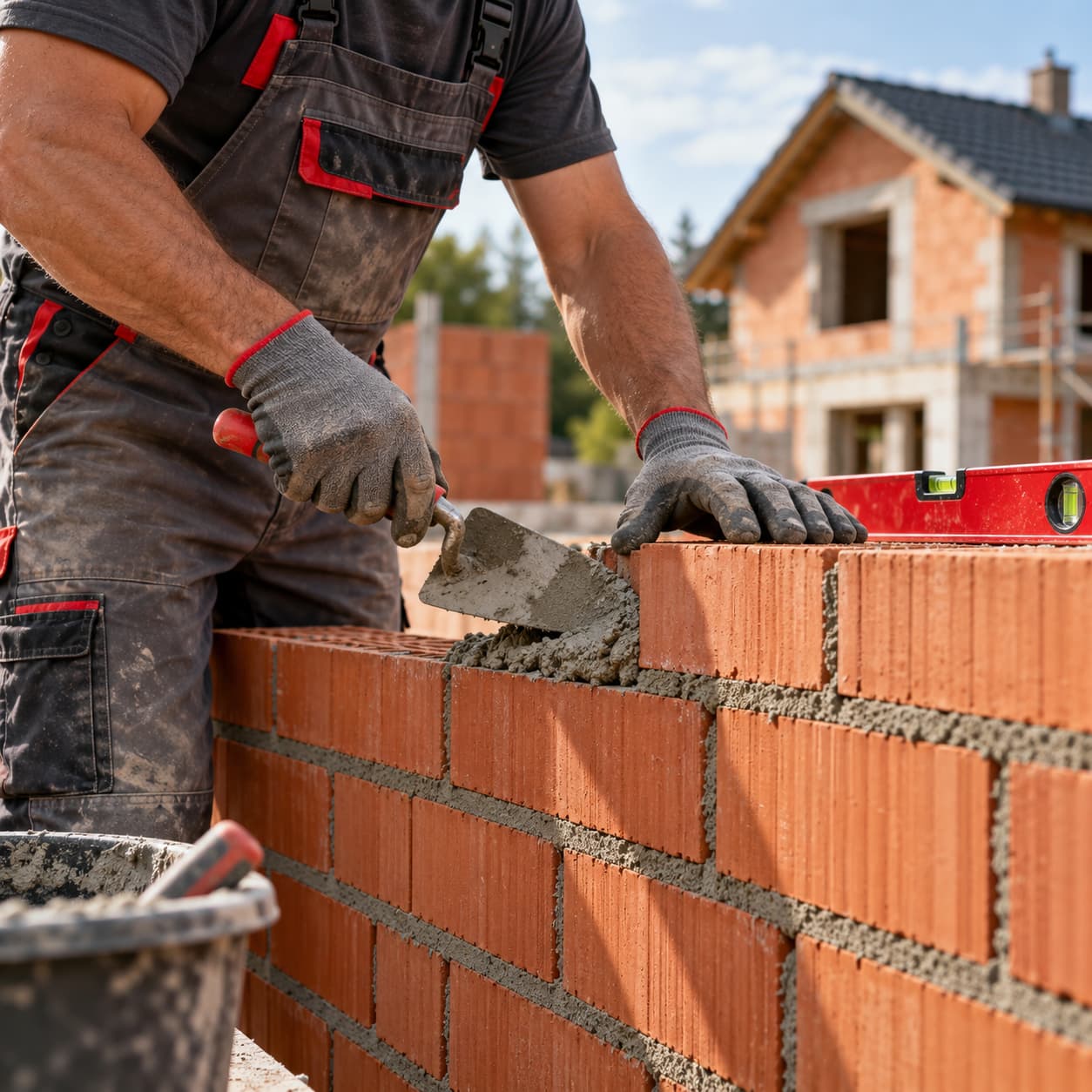 Kőműves falazás közben egy épülő családi háznál